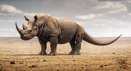 A rhino-like creature with a thick hide and a reptilian tail stands in a vast, arid landscape beneath a cloudy sky.