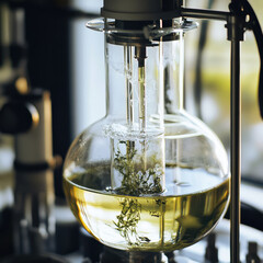 glass distillation chamber with bubbling herbal infusion creates serene atmosphere in laboratory setting, showcasing intricate process of extracting essential oils