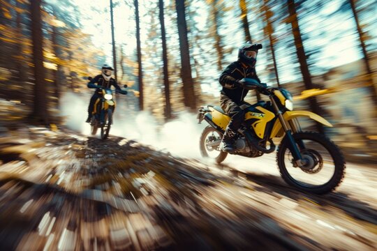 Two motorcyclists riding in dense forest path. Neural network AI generated