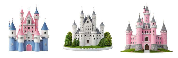 Fototapeta premium Colorful fairy tale castles with towers and trees, enchanting scenery