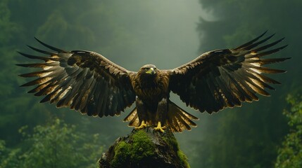 Majestic eagle wings spread wide, forest backdrop.