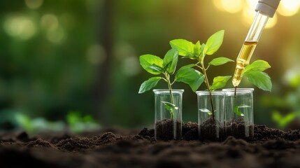 This image showcases three test tubes containing young green plants, symbolizing growth, innovation, and the beauty of nature in a vibrant, sunlit environment.