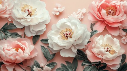 Beautiful vintage floral background with white and pink peonies, detailed, hyper-realistic