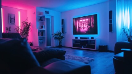 Modern living room with neon lights, TV, sofa, plants, and shelves.