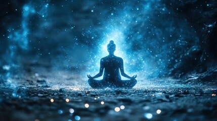 Obraz premium Serene Meditation in Cosmic Energy with Mystic Blue Glow