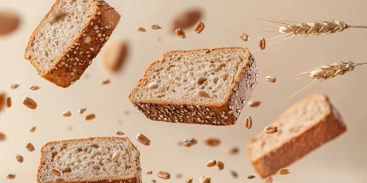 Floating whole wheat bread with grains and wheat stalks on a beige background