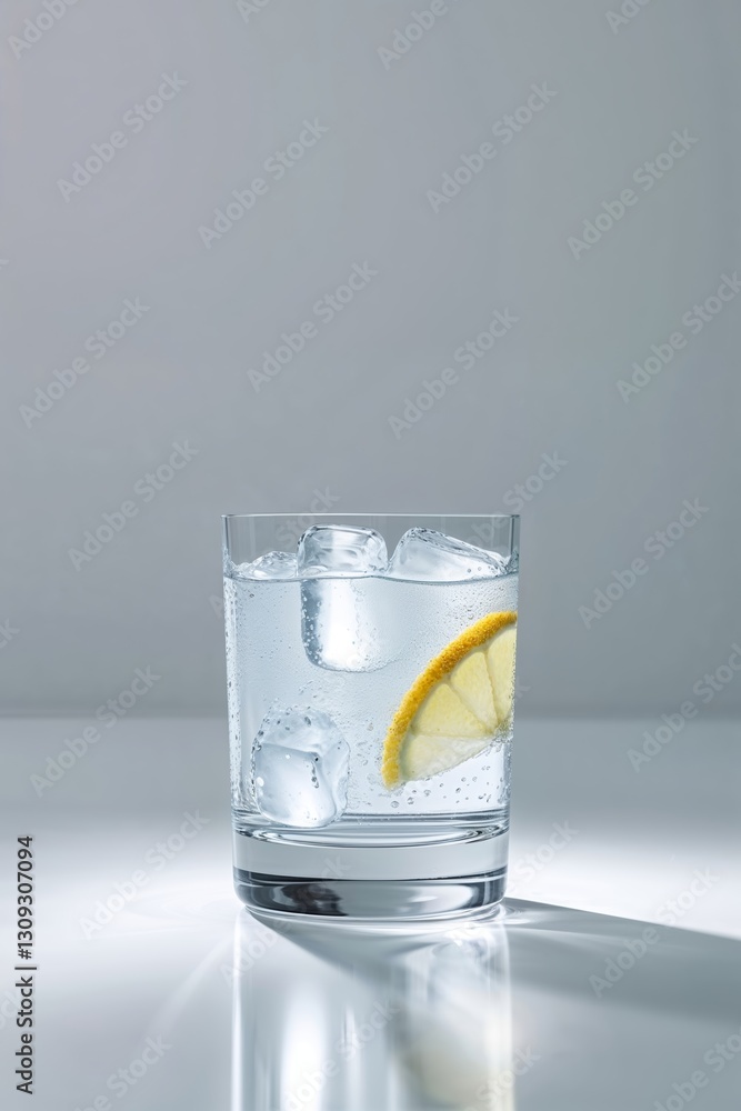 Poster refreshing glass of sparkling water with ice and lemon slice on a reflective surface