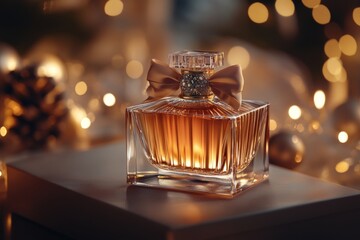 Elegant Amber Perfume Bottle with Bow Festive Lights Background Holiday Gift
