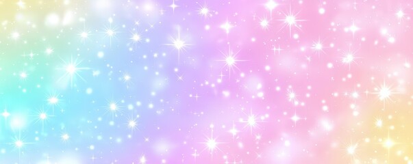Fototapeta premium Colorful Pastel Rainbow Background with Shimmering Stars in a Soft Pink Gradient Ideal for Fun and Whimsical Designs or Creative Projects