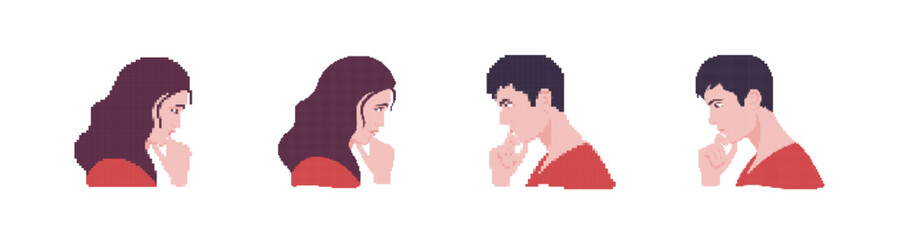 The image depicts four people in profile views, reflecting various states of thought and curiosity.