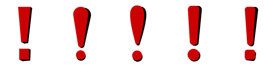A series of five red exclamation marks arranged in a line. the symbols stand out and convey a sense of urgency or excitement.