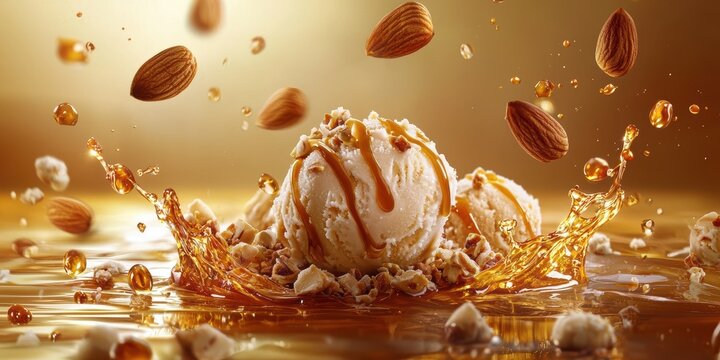 Flying almond toffee ice cream with crunchy toffee pieces and caramel syrup on a warm golden brown background