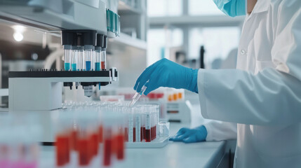scientist laboratory is analyzing virus test samples, wearing protective gear and using advanced equipment. setting is clean and organized, emphasizing precision and safety scientific research