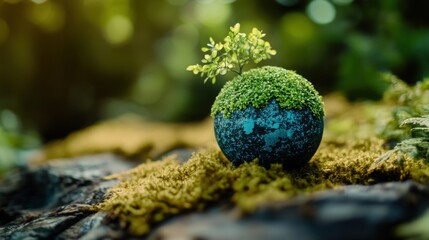 Lush Green Moss on Miniature Earth Sphere Surrounded by Nature