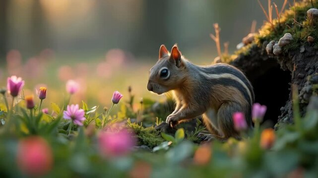 Small chipmunk eating near burrow surrounded by vibrant flowers in golden light