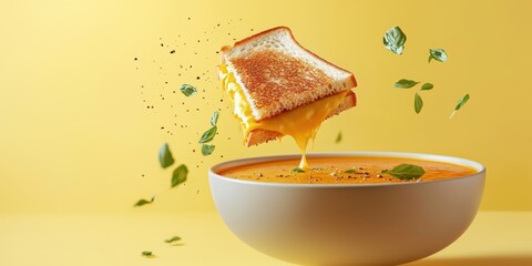 Flying bowl of tomato soup with a grilled cheese sandwich, on a pastel yellow background