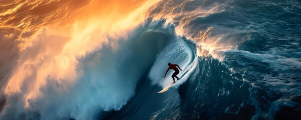 A surfer rides a huge powerful wave in the vast ocean