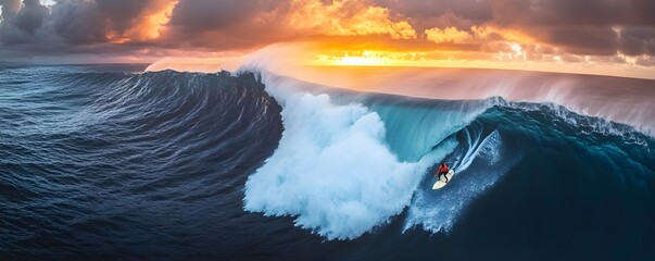 A surfer riding a massive ocean wave with a vibrant sunset