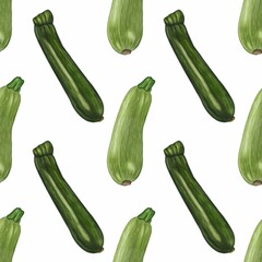 A seamless pattern featuring hand-painted green zucchinis on a white background. The zucchinis vary in shape and size, showcasing their natural green hues.