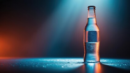 bottle of beer on a blue background, bottle and glass of water, drinking water advertisement, glass of beer, glass of cola