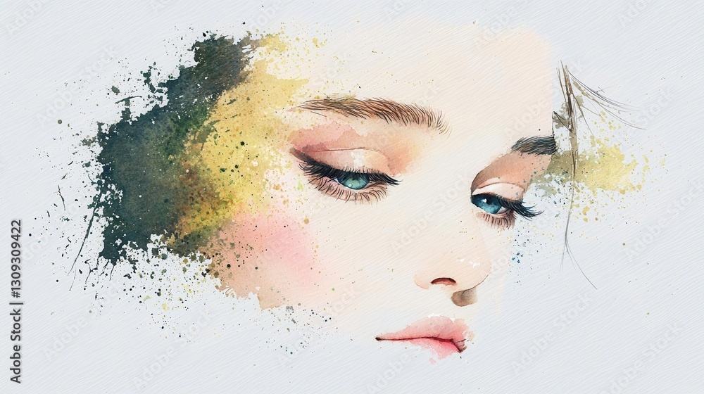 Poster mesmerizing and serene watercolor portrait of a female face with a captivating and evocative express