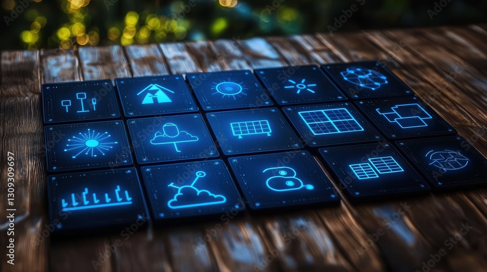 Poster a minimalist set of 15 outline icons featuring solar energy digital technology and data visualizatio