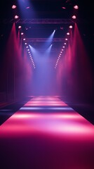 Empty fashion show runway featuring a burgundy backdrop, illuminated by vibrant lights in preparation for an upcoming event showcasing creative designs and styles