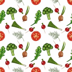A seamless pattern featuring various vegetables including broccoli, tomatoes, radishes, green onions, and dill on a white background.