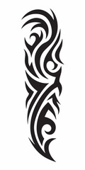 Intricate Tribal Tattoo Design with Flowing Swirls and Sharp Edges in Black Ink Style.