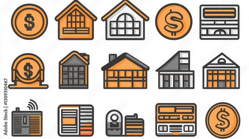 Poster an outline set of 15 financial and coin icons in format suitable for a wide range of business bankin