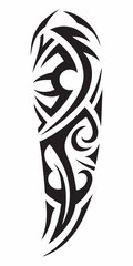 Intricate Tribal Tattoo Design with Flowing Swirls and Sharp Edges in Black Ink Style.
