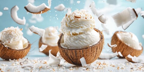 Flying coconut ice cream with drizzles of coconut cream and shredded coconut on a white and soft blue background