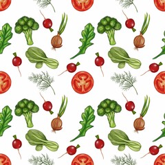 A seamless pattern featuring various vegetables including broccoli, lettuce, radishes, tomatoes, green onions, and dill on a white background.