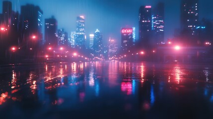 Fototapeta premium Urban Nightscape with Neon Lights and Rain-Soaked Streets