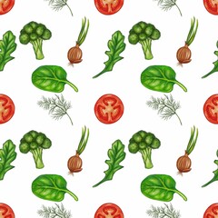 A seamless pattern featuring various vegetables including broccoli, spinach, arugula, green onions, and tomatoes, all illustrated in vibrant colors on a white background.