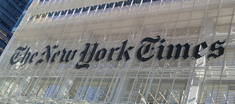 New York Times nespaper sign on the headquarters building, 8 Avenue, Times Square, NYC, USA 