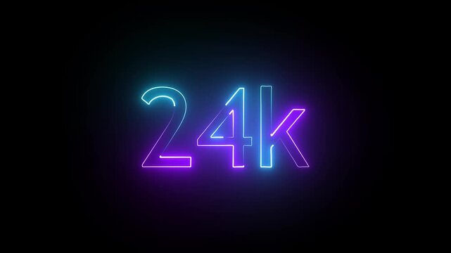 glowing neon 24K text animation on black background. 24k Followers Celebration text animation.