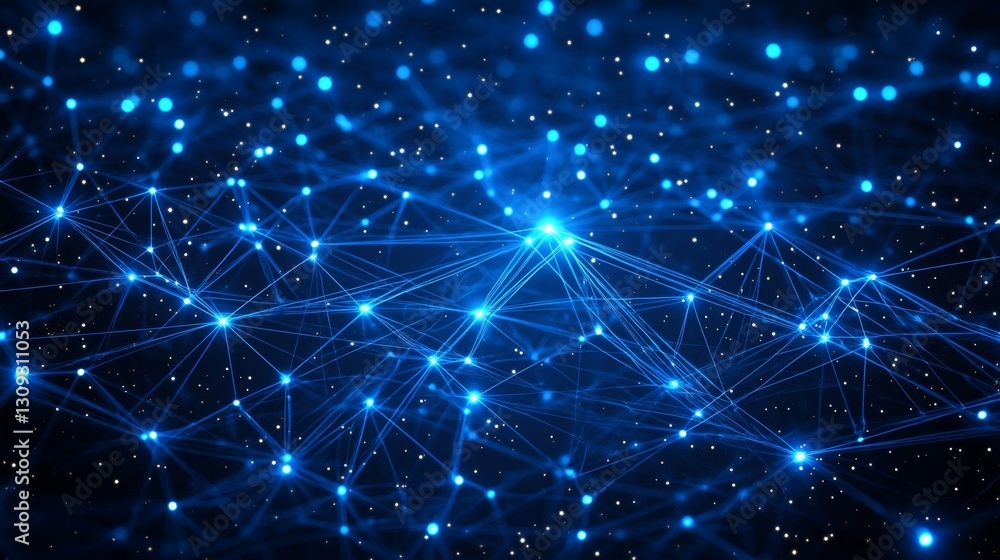 Poster luminous blue network, interconnected dots and lines form a complex web on a dark blue background.
