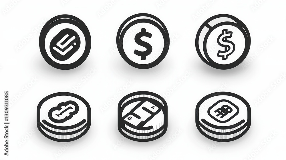 Poster professional set of 15 clean and modern outline coin icon designs perfect for finance banking and in