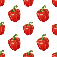 A seamless pattern featuring vibrant red bell peppers on a white background. The peppers are illustrated with a glossy finish, showcasing their curves and green stems, creating a fresh