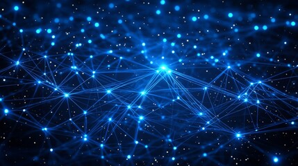 Luminous Blue Network, Interconnected Dots And Lines Form A Complex Web on A Dark Blue Background.