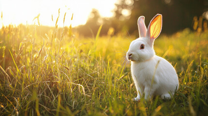 white rabbit with long ears stands in sunlit grassy field, surrounded by tall grass and bathed in warm golden light