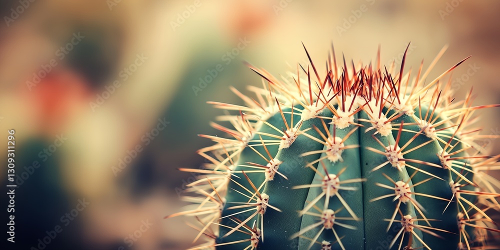 Poster cactus with many spines is the main focus of the image.