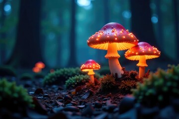 Fototapeta premium Forest floor comes alive with glowing mushrooms, eerie, bioluminescence