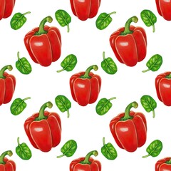 A seamless pattern featuring vibrant red bell peppers and green spinach leaves on a white background. The design is colorful and fresh, ideal for food-related themes.