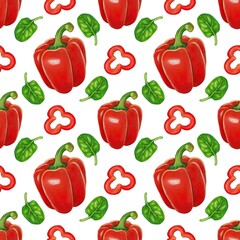 A seamless pattern featuring red bell peppers, sliced red pepper rings, and green spinach leaves on a white background.