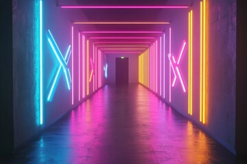 Bright Neon Lights in a Modern Hallway with Vibrant Colors