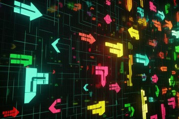Colorful Abstract Arrows on Digital Background with Lines and Grid