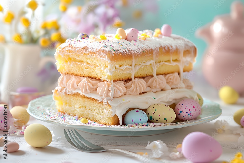 Poster white cake with a layer of frosting and a layer of powdered sugar on top.