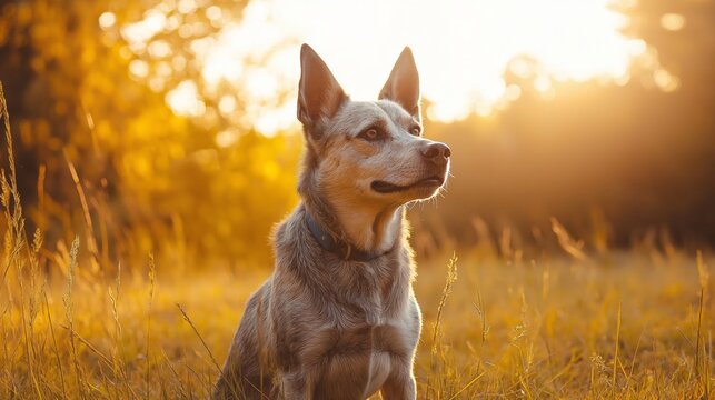 Australian Cattle Dog enjoys a relaxing moment in a sunlit grassy field with vibrant colors and soft natural lighting during a golden hour
